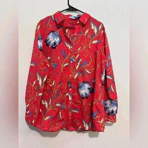 J McLaughlin Lois Blouse Womens Size XL Red/Floral 100% Cotton Long Sleeve